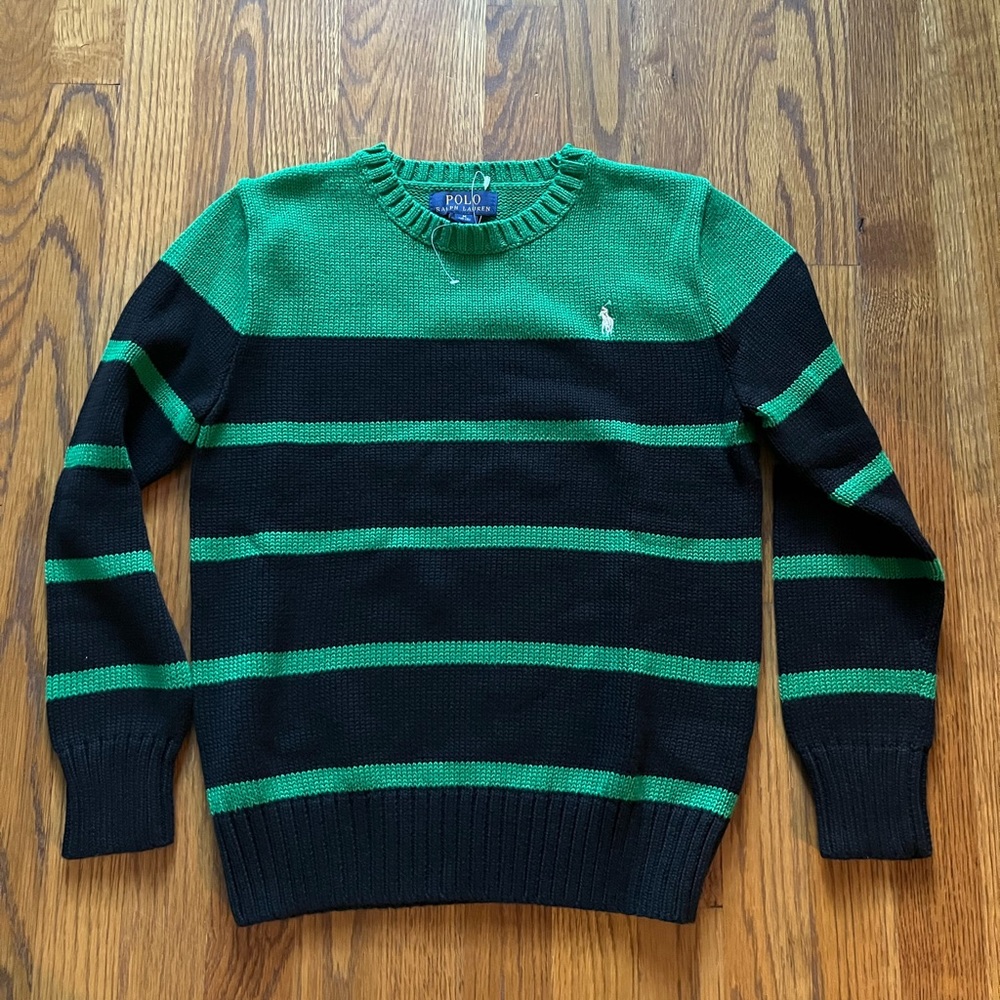 Polo Ralph Lauren green/black striped sweater, size M (10-12)